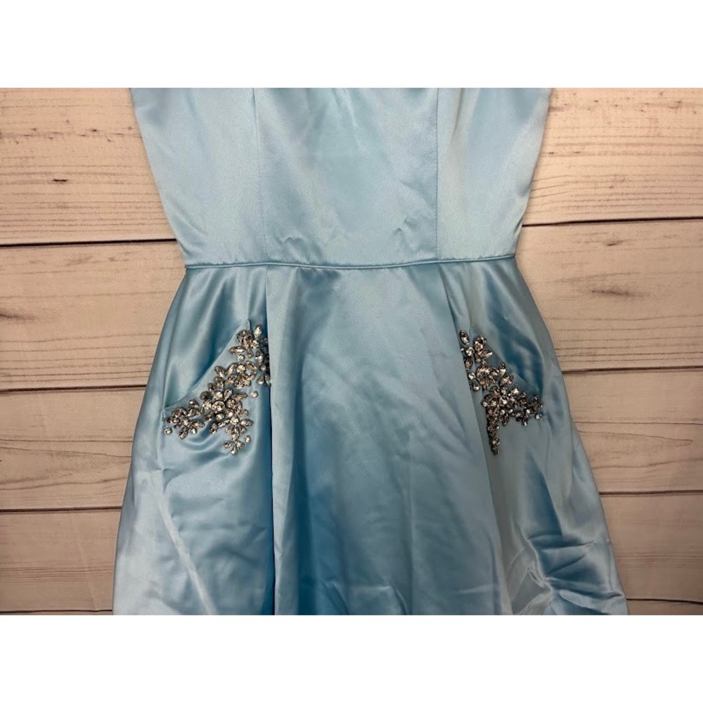 Sherri Hill Light Blue Satin Embellished Pocket Cocktail Dress Size 6 - Picture 4 of 8